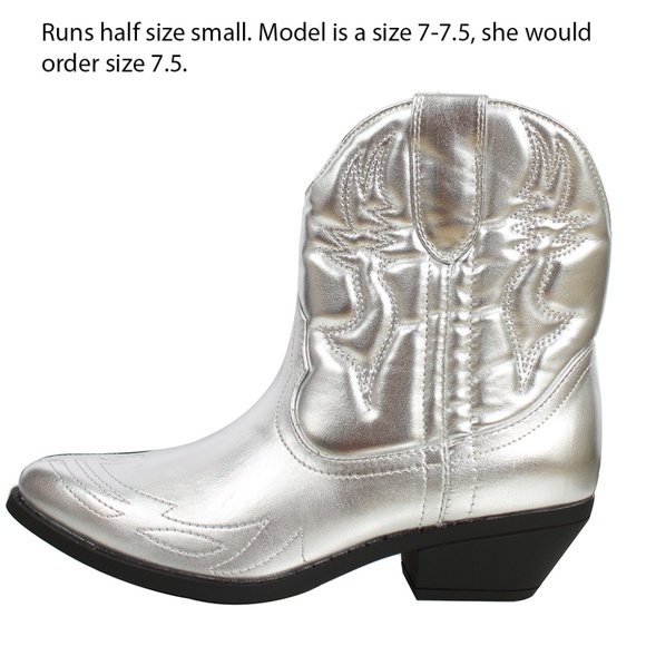 Silver Faux Patent Leather Stitching Cowboy Ankle Boots - Picture 3 of 5